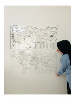 Türkiye ve Dünya Haritası Yazı Tahtası Akıllı Kağıt Tahta Statik Tutunabilir Kağıt + Kalem